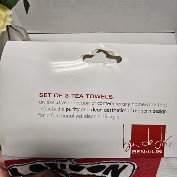 New Ben de LISI Set 3 Tea Towels White Black Red London Bus Downing Street Royal - Picture 2 of 12